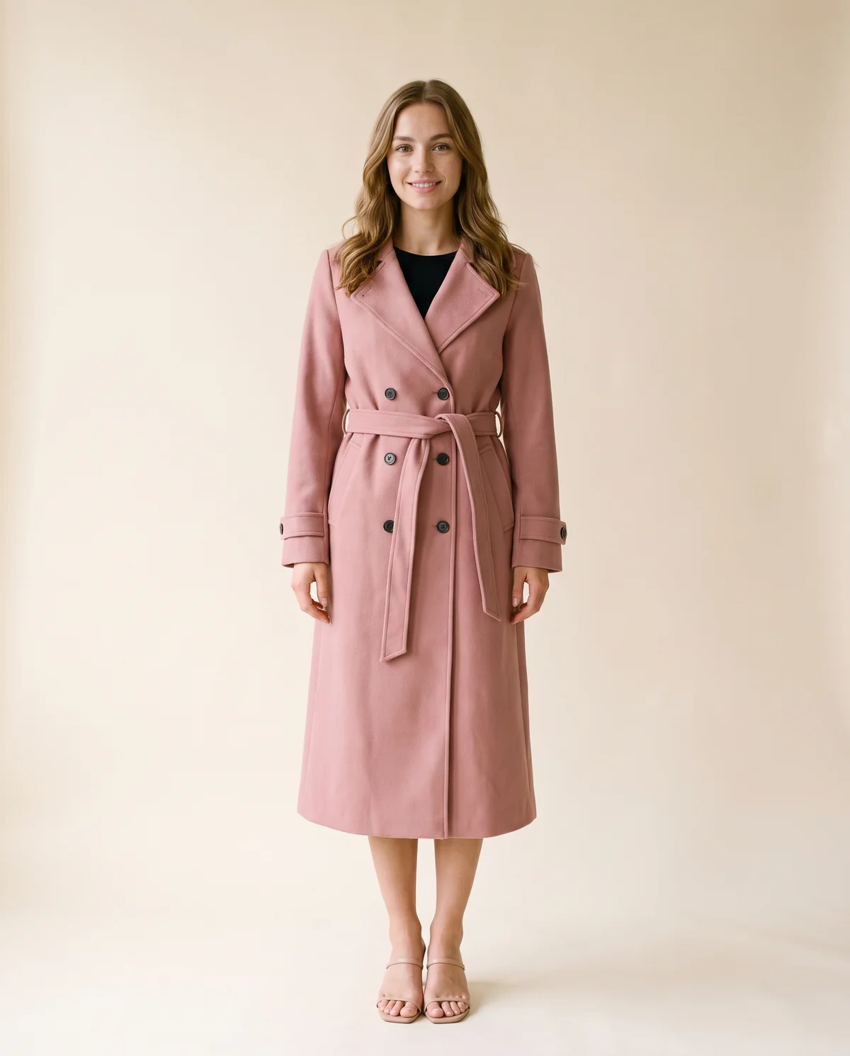 Long Belted Double-Breasted Trench in Pink, front view, worn by Ava