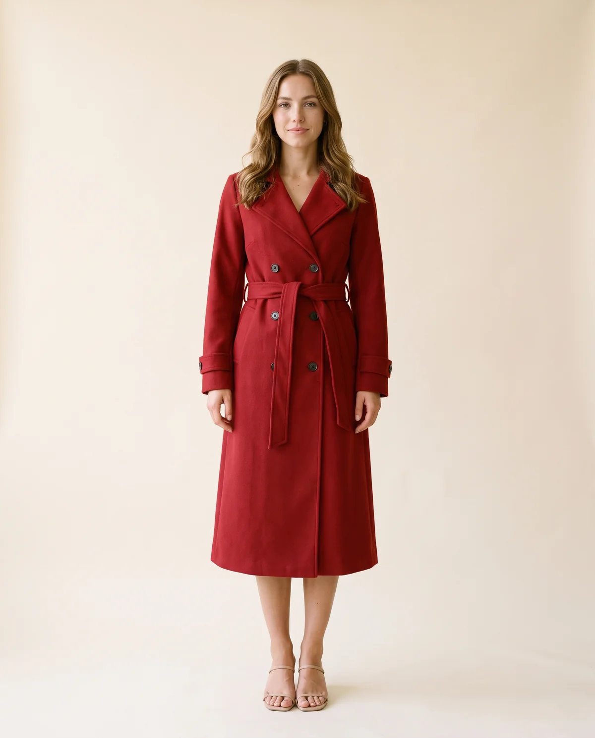 Long Belted Double-Breasted Trench in Red, front view, worn by Ava