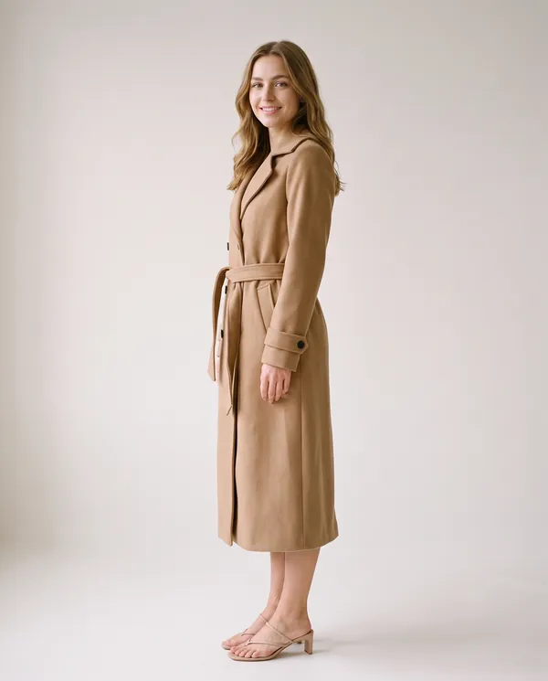 Long Belted Double-Breasted Trench in Camel, side view, worn by Ava