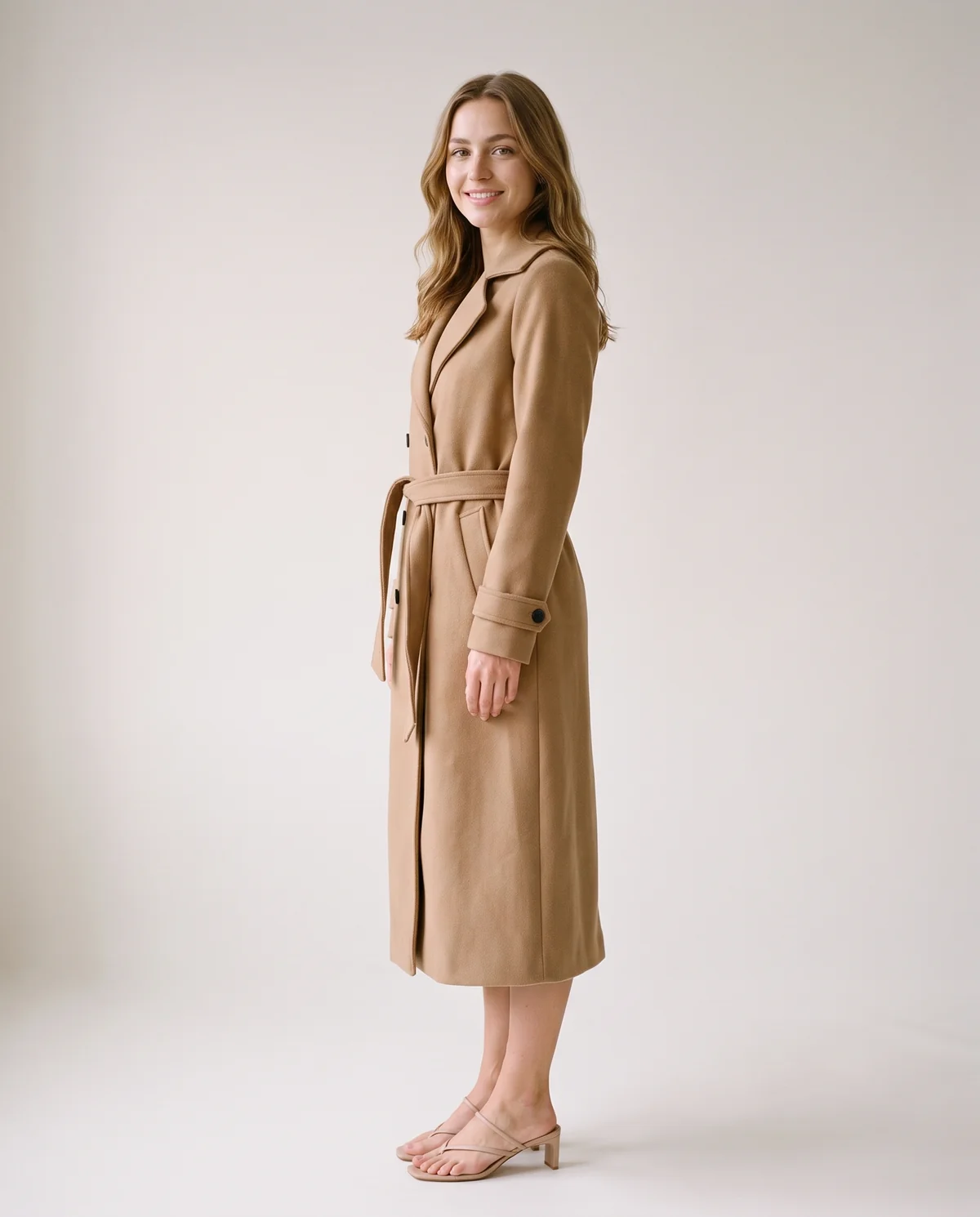 Long Belted Double-Breasted Trench in Camel, side view, worn by Ava