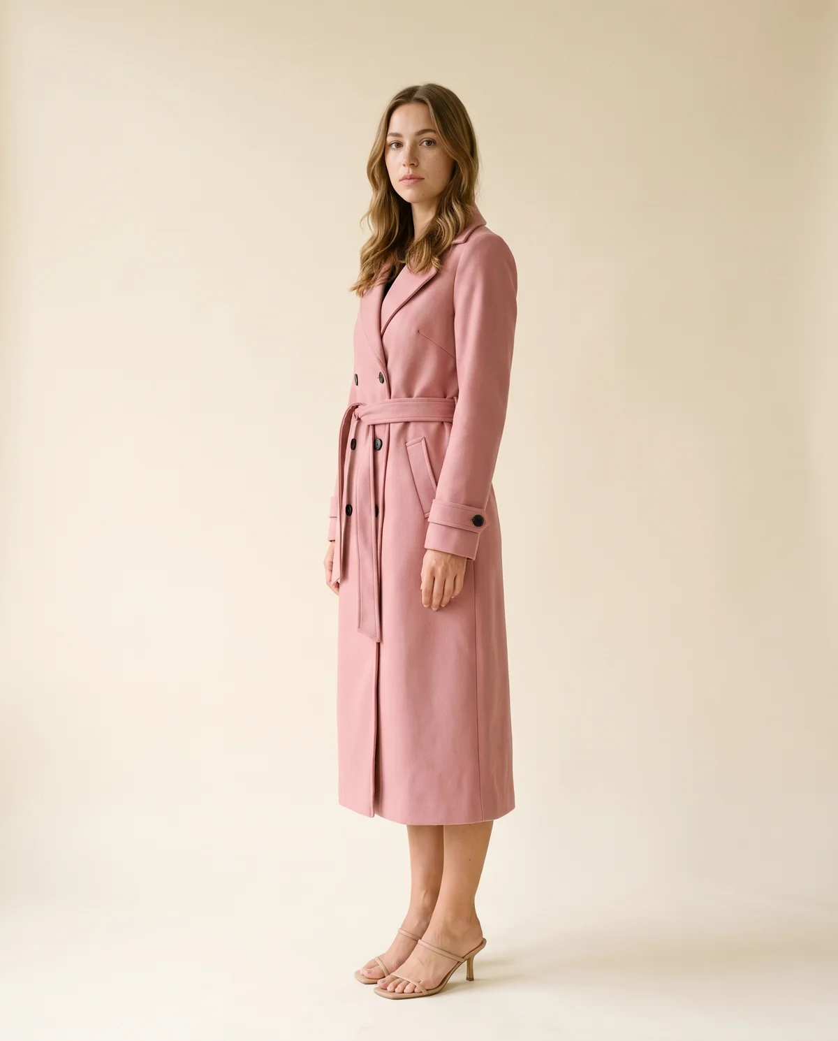 Long Belted Double-Breasted Trench in Pink, side view, worn by Ava