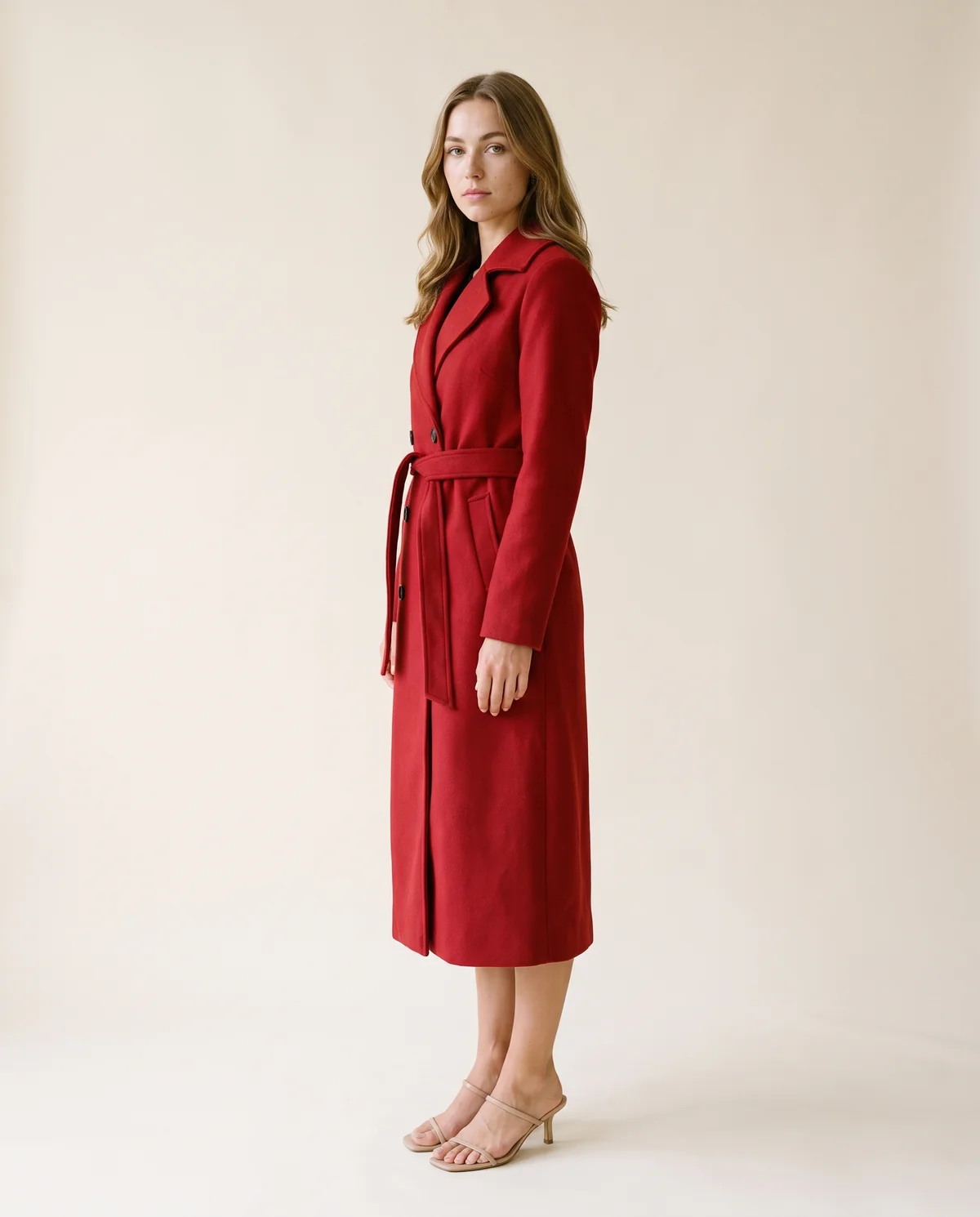 Long Belted Double-Breasted Trench in Red, side view, worn by Ava