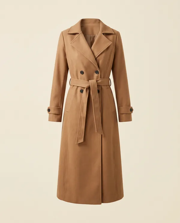 Long Belted Double-Breasted Trench in Camel, product shot on a plain background