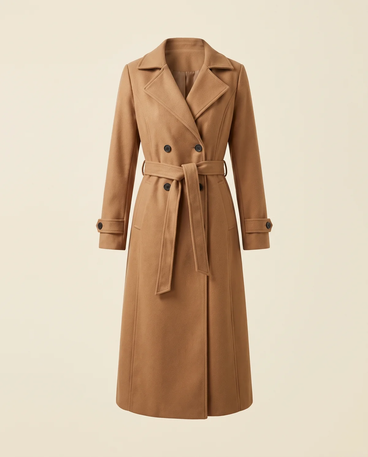 Long Belted Double-Breasted Trench in Camel, product shot on a plain background