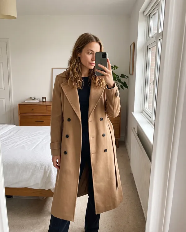 Satin Eve styling: Long Belted Double-Breasted Trench