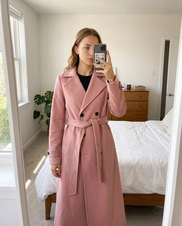 Satin Eve styling: Long Belted Double-Breasted Trench