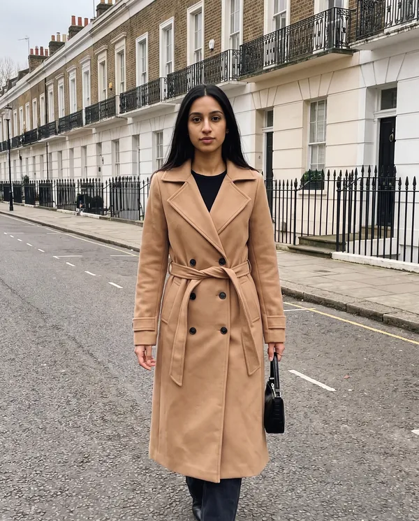 Satin Eve styling: Long Belted Double-Breasted Trench
