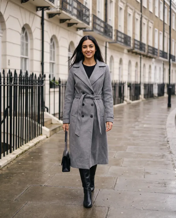 Satin Eve styling: Long Belted Double-Breasted Trench