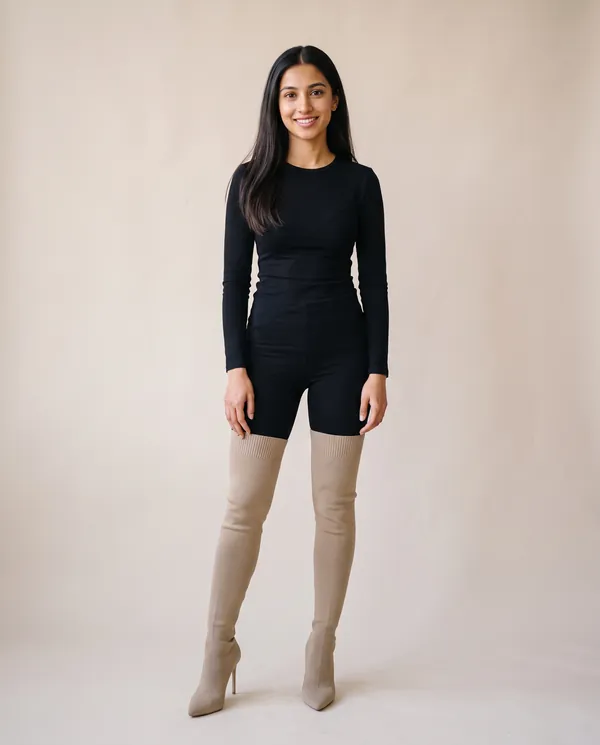 Knit Stiletto Thigh-High Sock Boot in Sand, front view, worn by Priya
