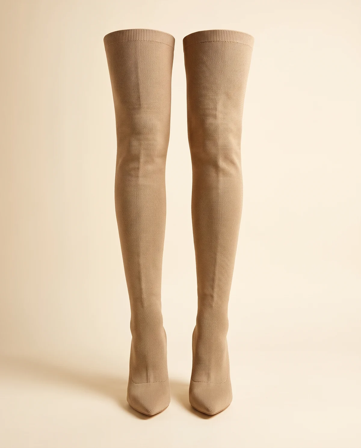 Knit Stiletto Thigh-High Sock Boot in Sand, product shot on a plain background