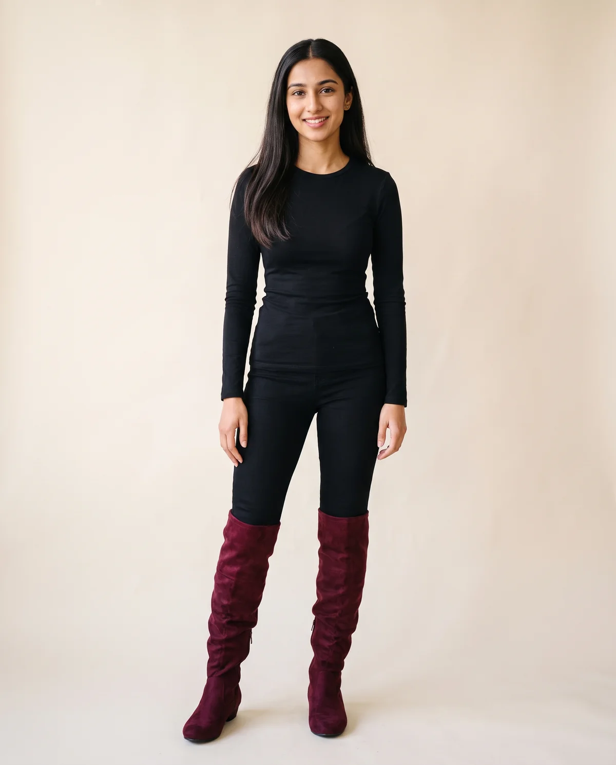 Faux Suede Slouch Boot in Burgundy, front view, worn by Priya