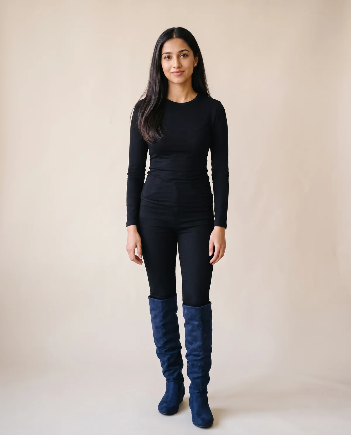 Faux Suede Slouch Boot in Navy, front view, worn by Priya
