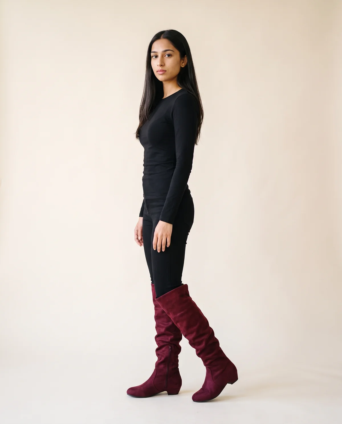 Faux Suede Slouch Boot in Burgundy, side view, worn by Priya