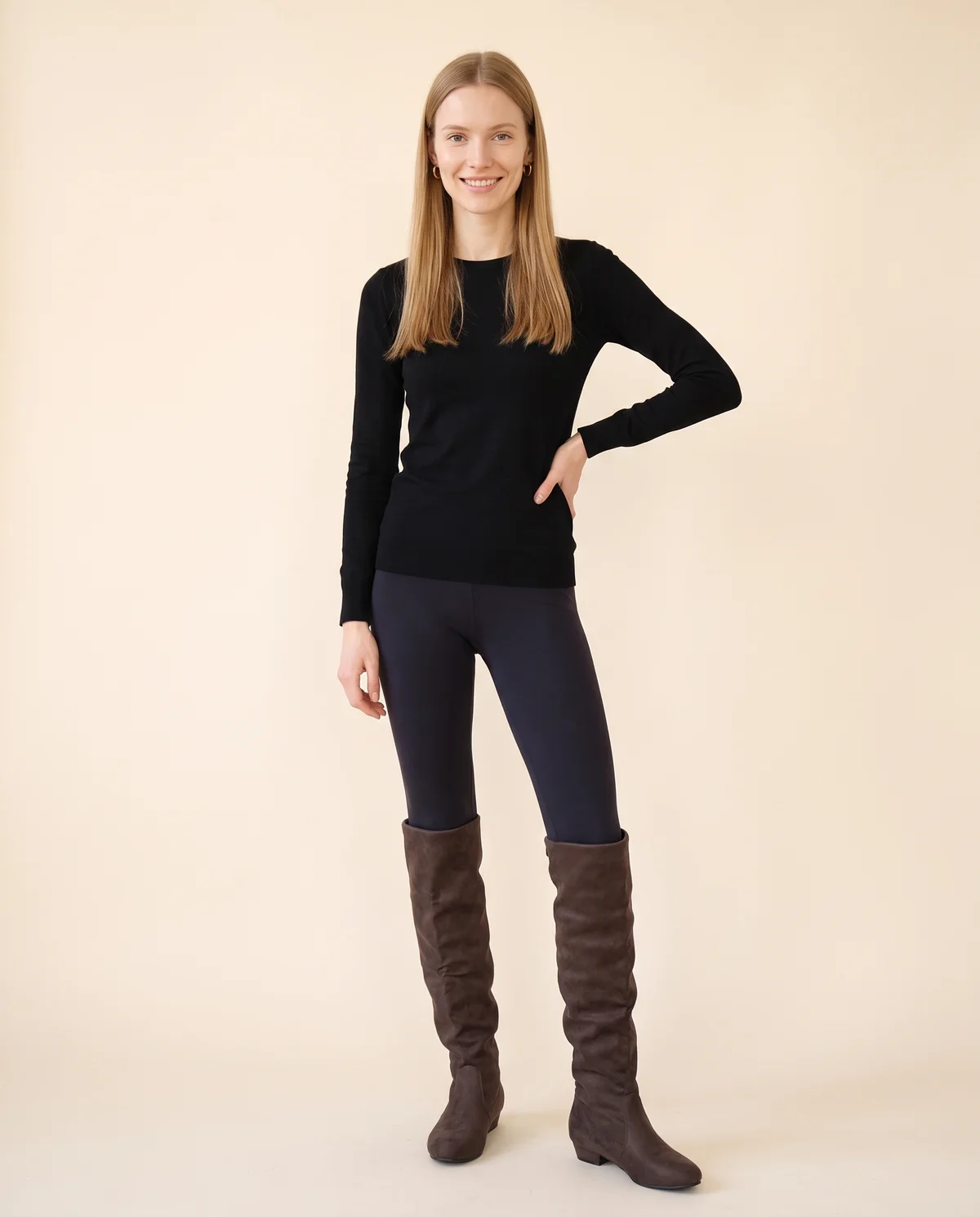 Faux Suede Slouch Boot in Chocolate, front view, worn by Maya