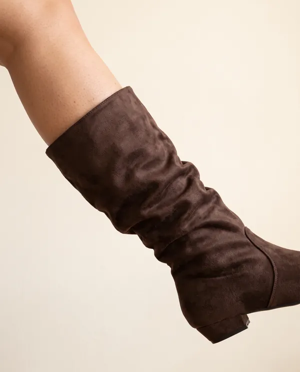 Faux Suede Slouch Boot in Chocolate, close-up of the detail