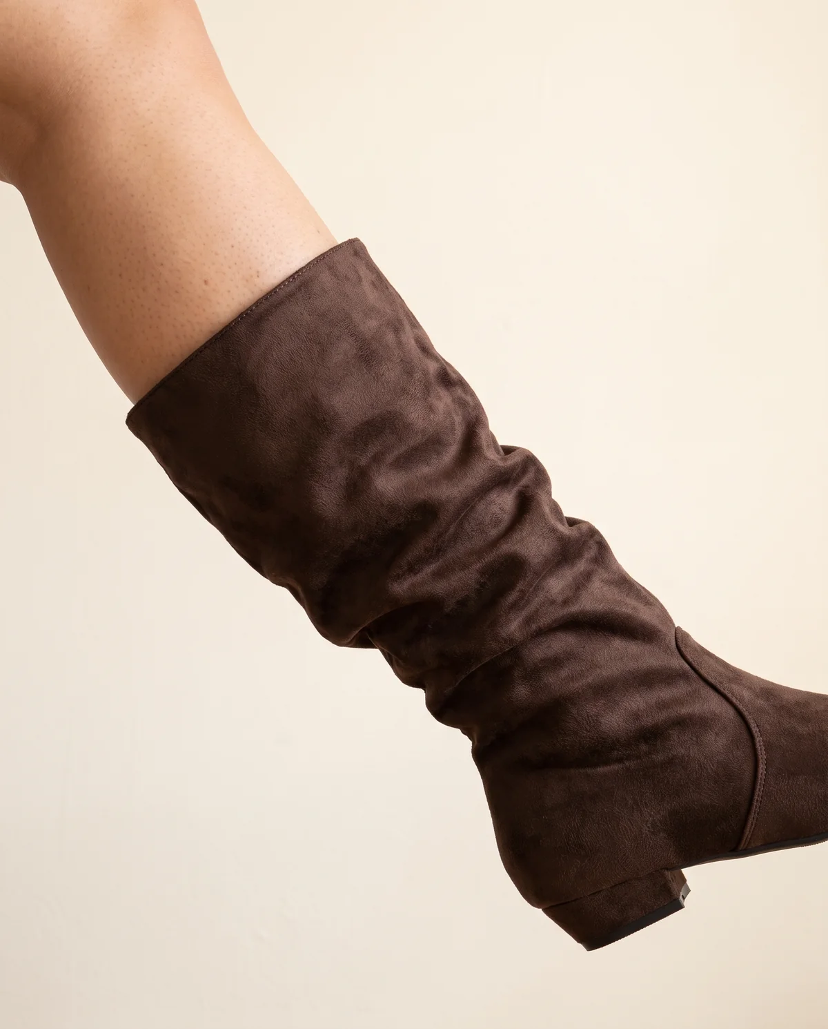 Faux Suede Slouch Boot in Chocolate, close-up of the detail