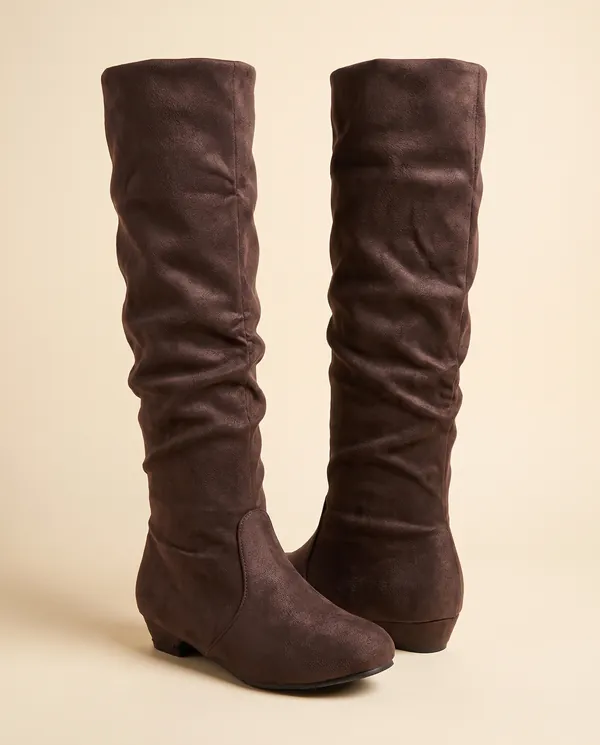 Faux Suede Slouch Boot in Chocolate, product shot on a plain background