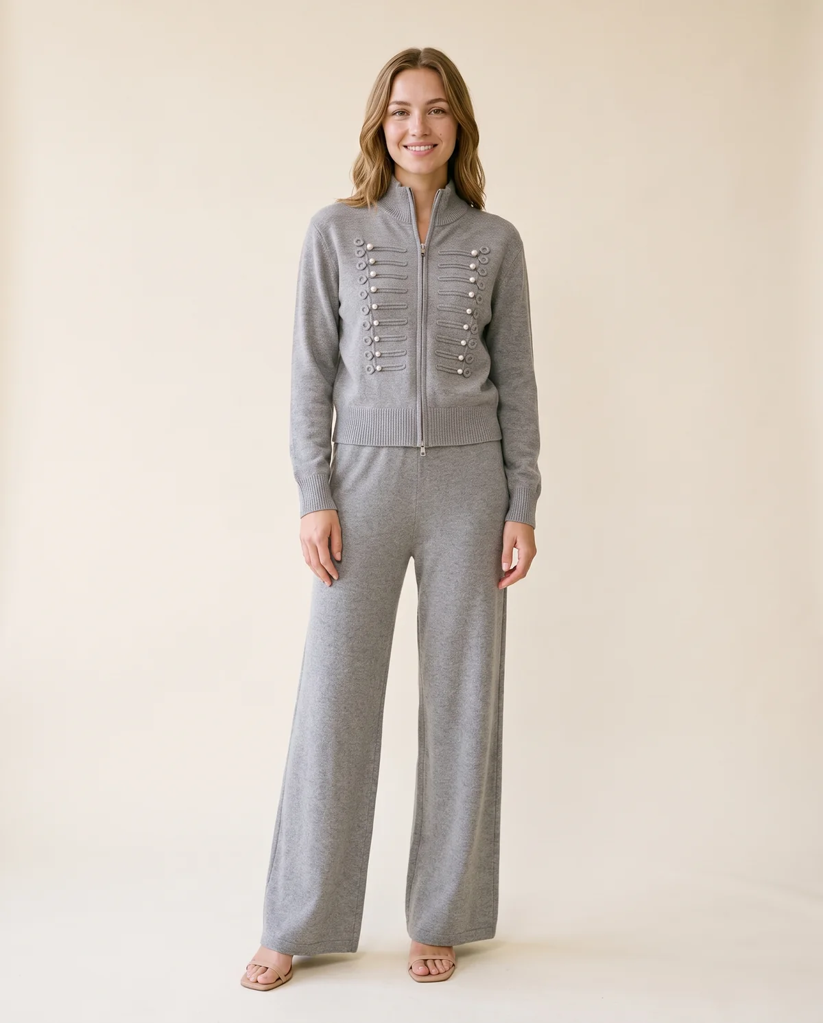 Beaded Zip Cardigan and Wide-Leg Trouser Set in Grey, front view, worn by Ava