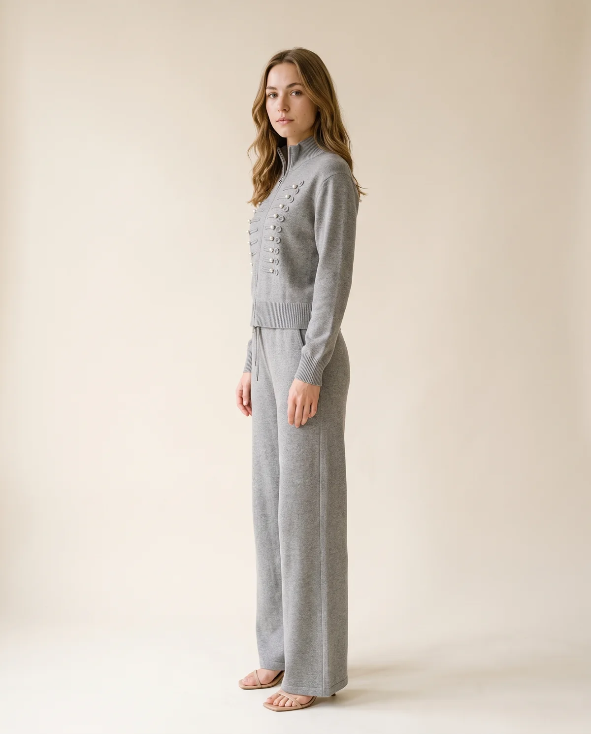 Beaded Zip Cardigan and Wide-Leg Trouser Set in Grey, side view, worn by Ava