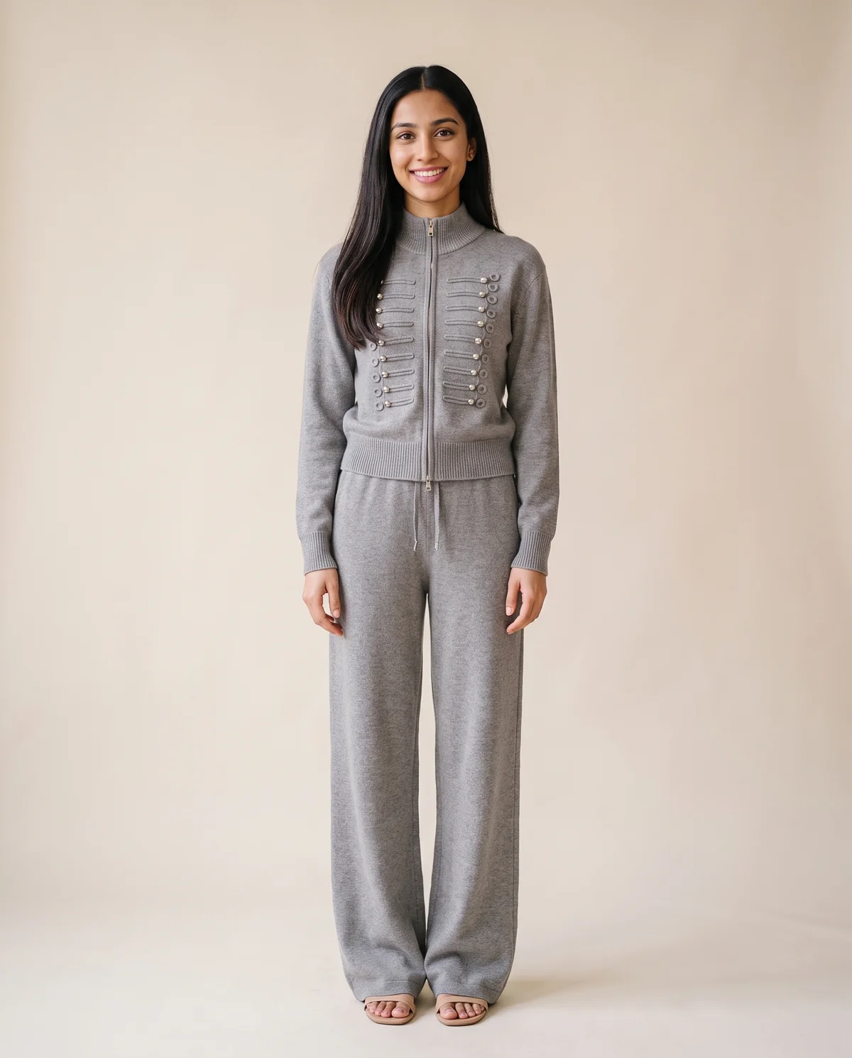 Beaded Zip Cardigan and Wide-Leg Trouser Set in Grey, front view, worn by Priya