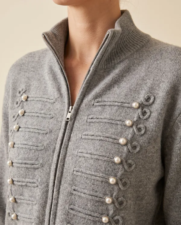 Beaded Zip Cardigan and Wide-Leg Trouser Set in Grey, close-up of the detail