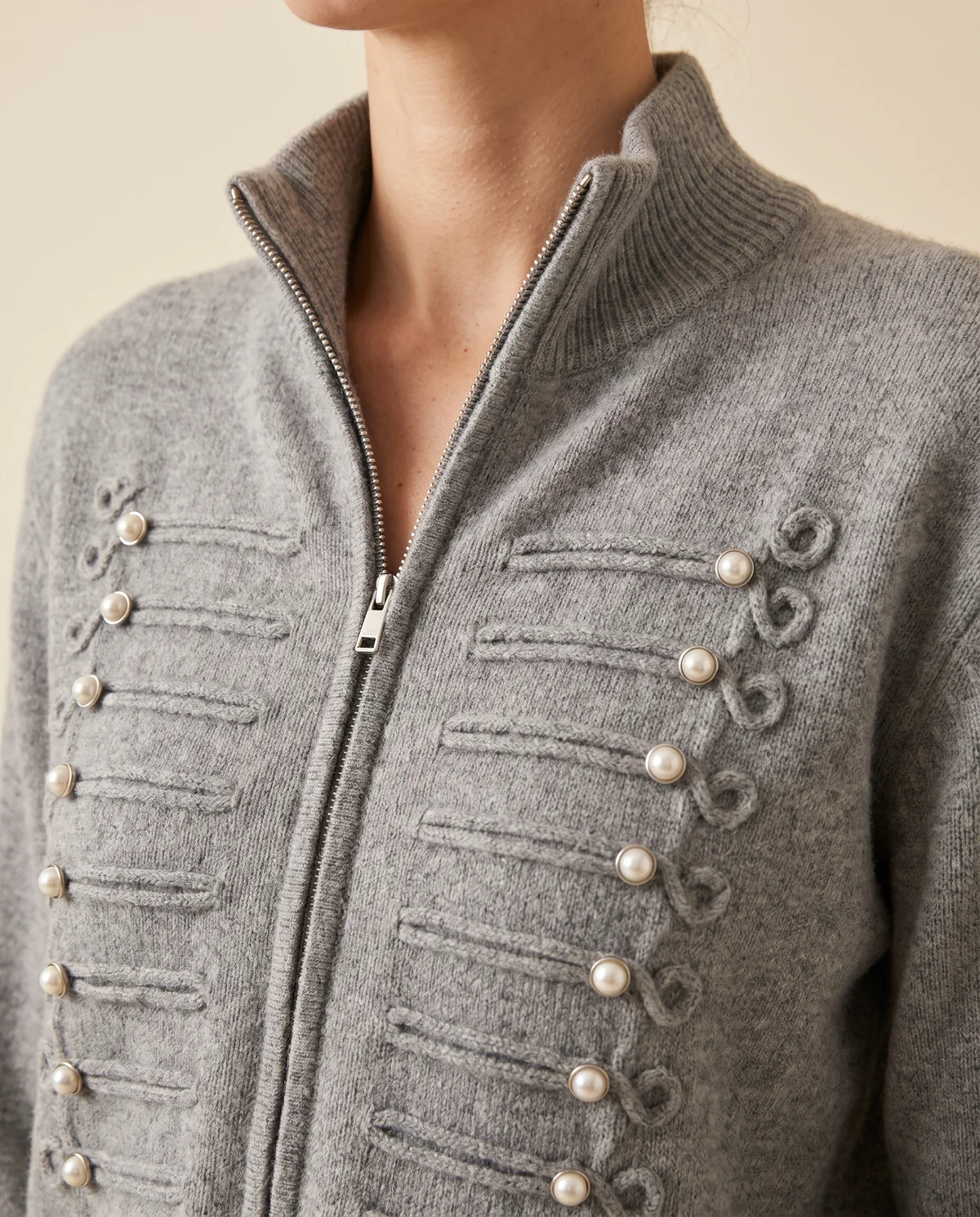 Beaded Zip Cardigan and Wide-Leg Trouser Set in Grey, close-up of the detail