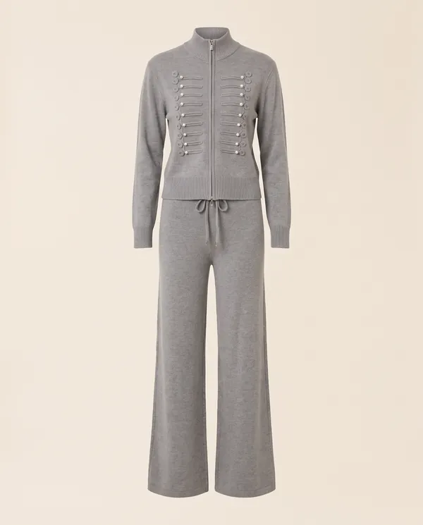 Beaded Zip Cardigan and Wide-Leg Trouser Set in Grey, product shot on a plain background