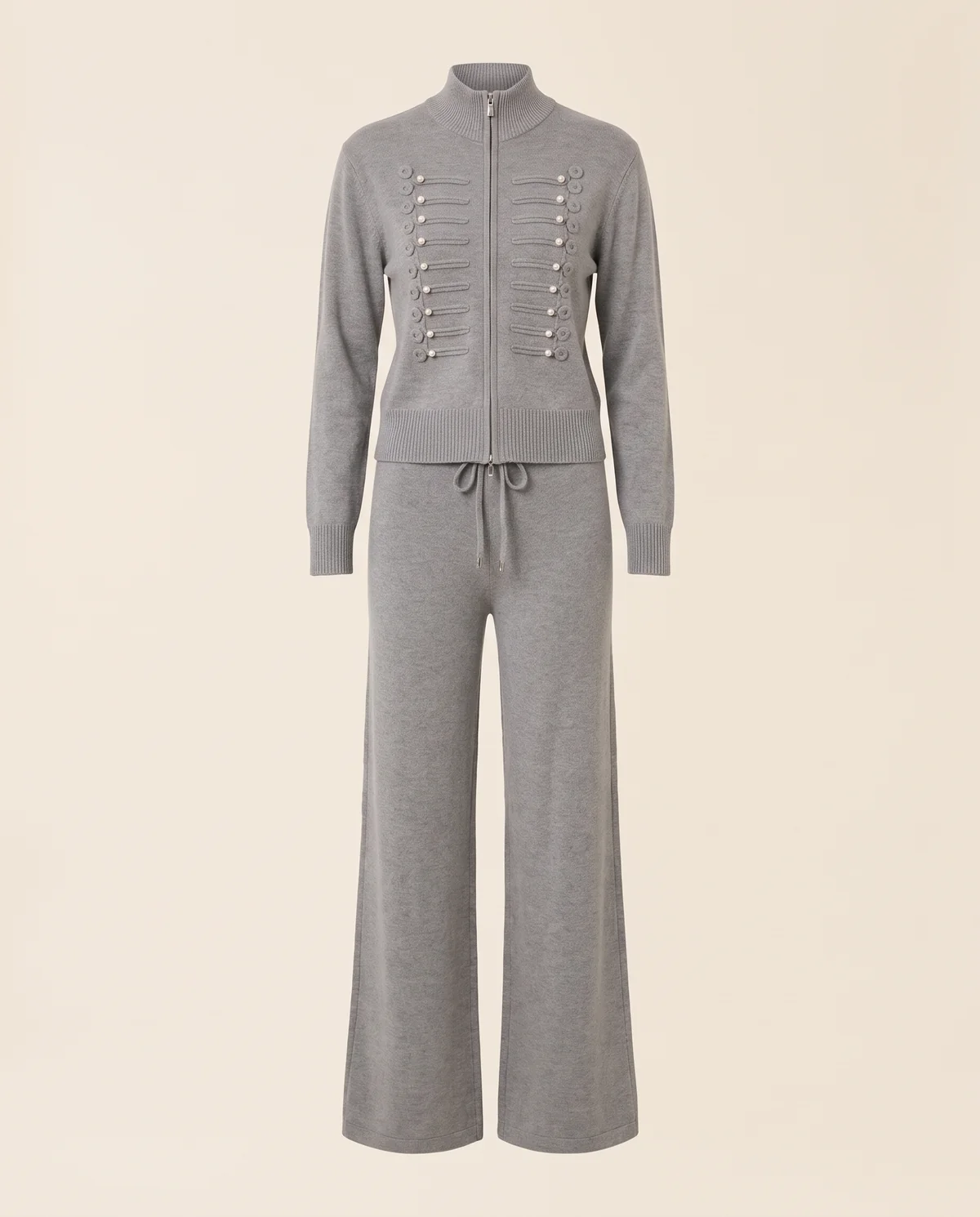 Beaded Zip Cardigan and Wide-Leg Trouser Set in Grey, product shot on a plain background