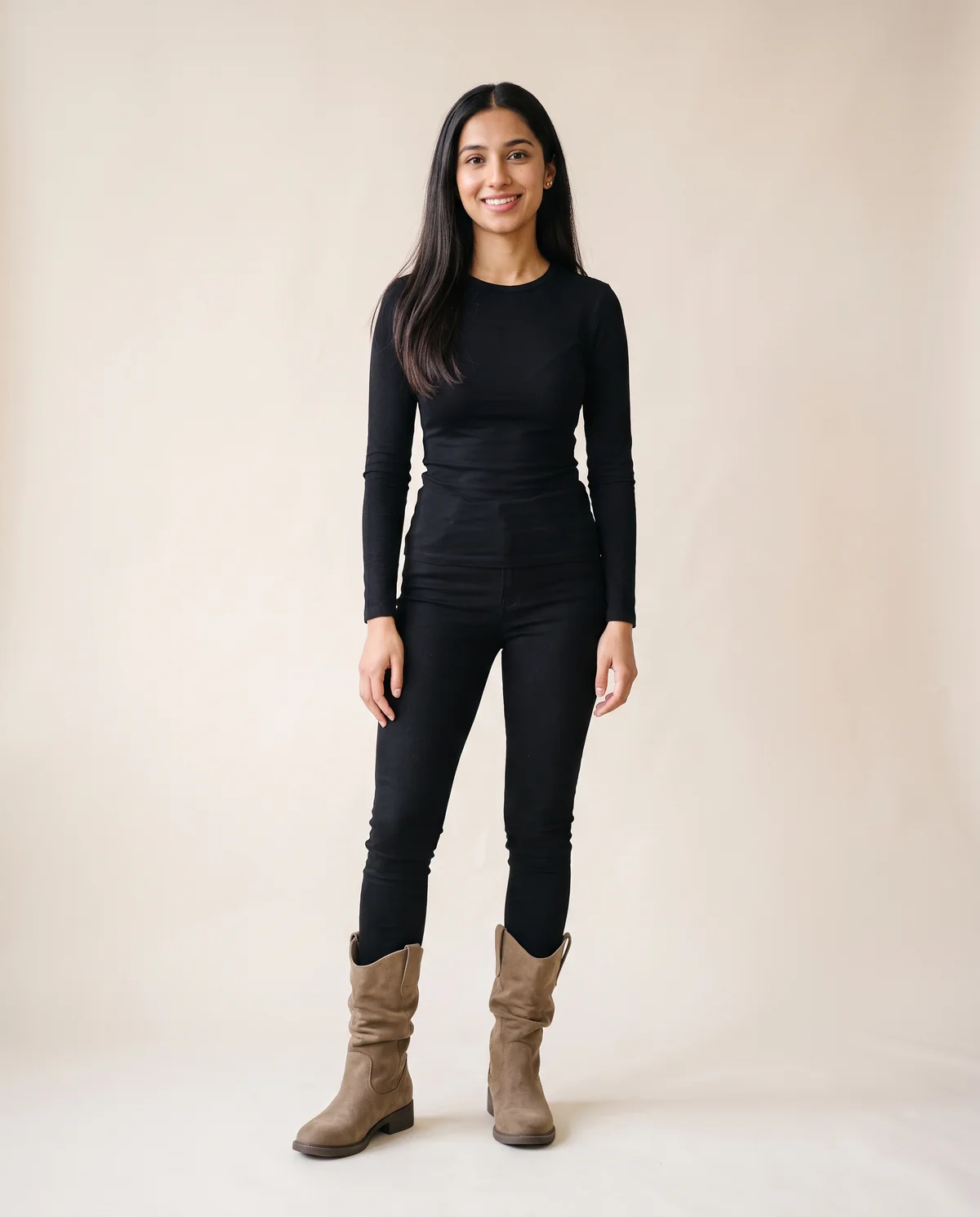 Faux Suede Slouch Western Boot in Taupe, front view, worn by Priya