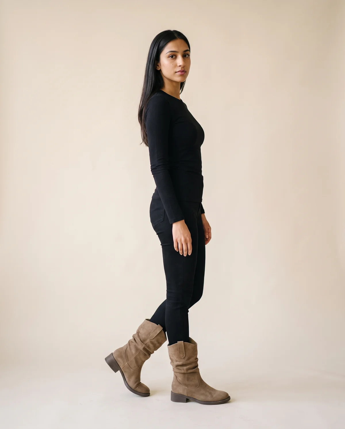 Faux Suede Slouch Western Boot in Taupe, side view, worn by Priya