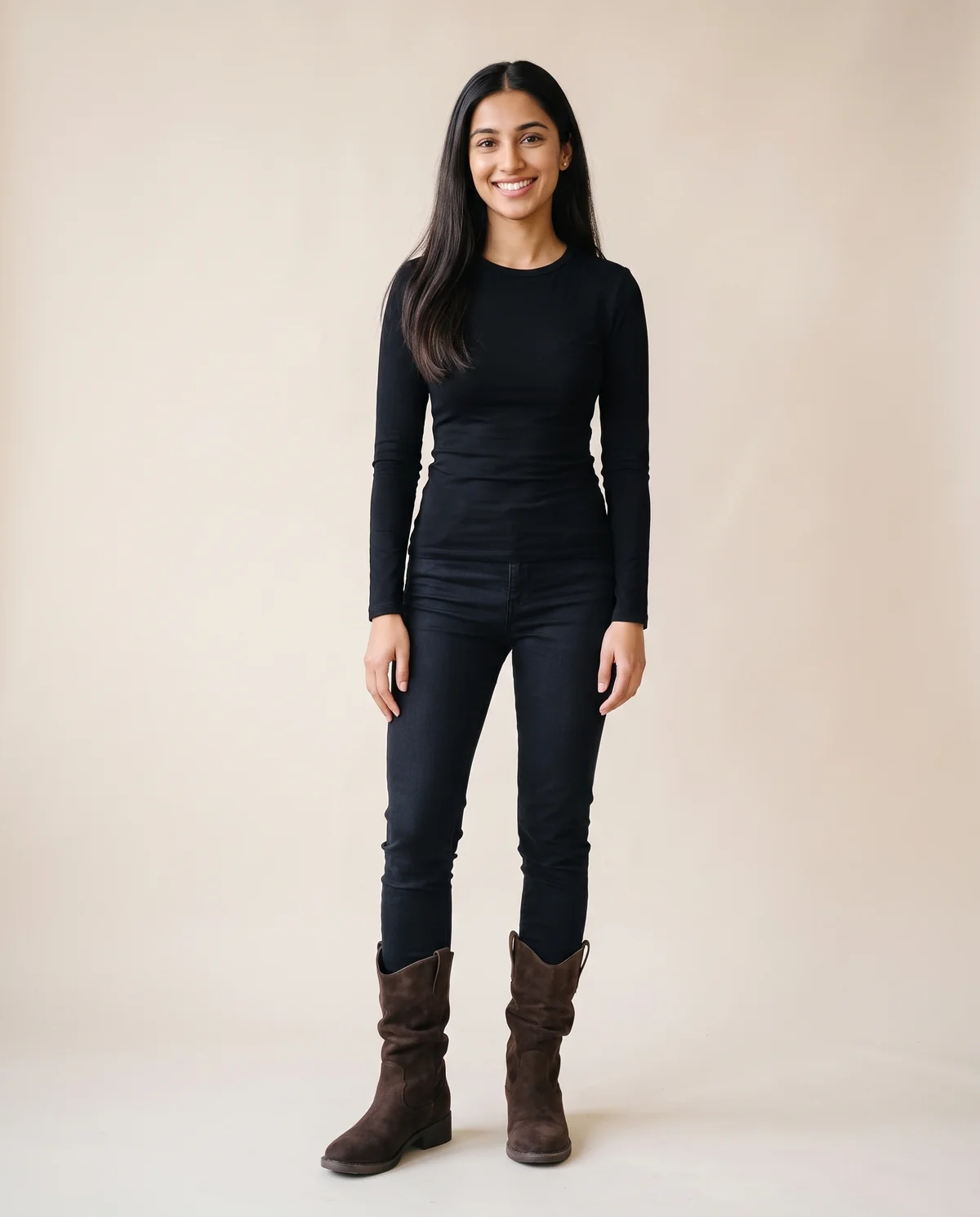 Faux Suede Slouch Western Boot in Chocolate, front view, worn by Priya