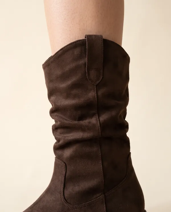 Faux Suede Slouch Western Boot in Chocolate, close-up of the detail