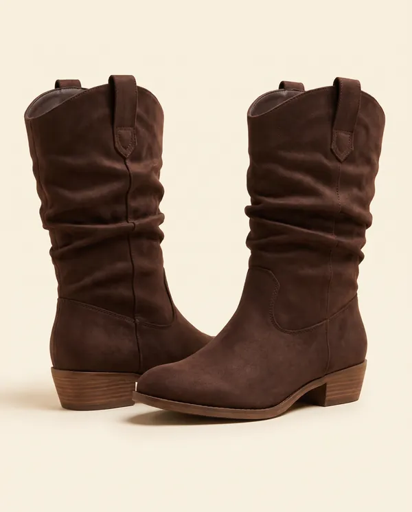 Faux Suede Slouch Western Boot in Chocolate, product shot on a plain background