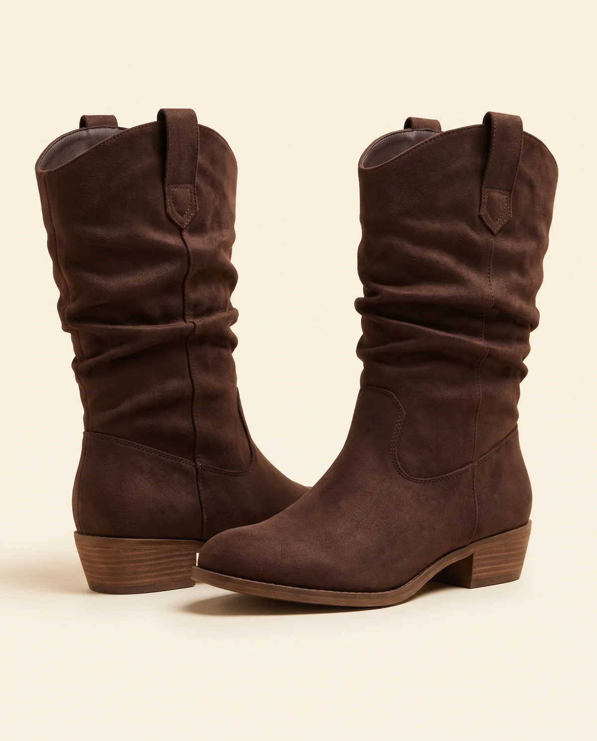 Faux Suede Slouch Western Boot in Chocolate, product shot on a plain background