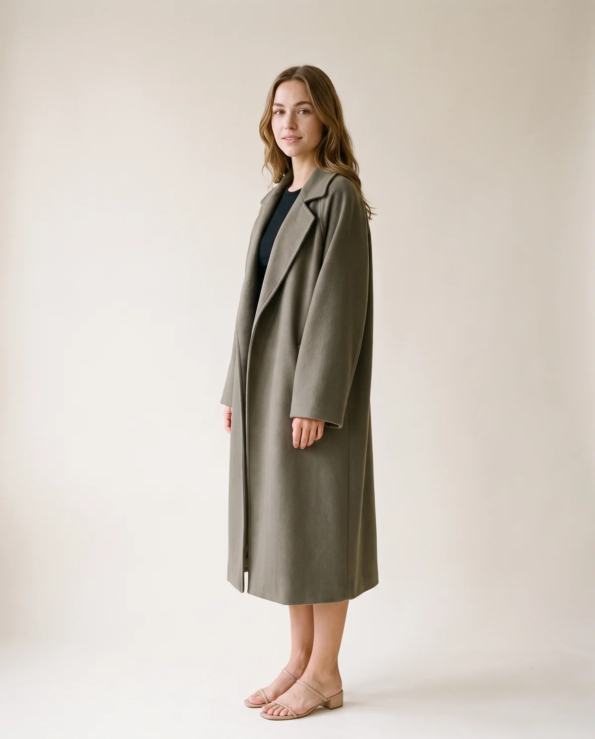 Oversized Olive-Grey Wool-Look Coat in Olive Grey, side view, worn by Ava
