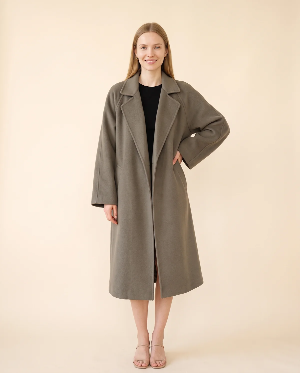 Oversized Olive-Grey Wool-Look Coat in Olive Grey, front view, worn by Maya