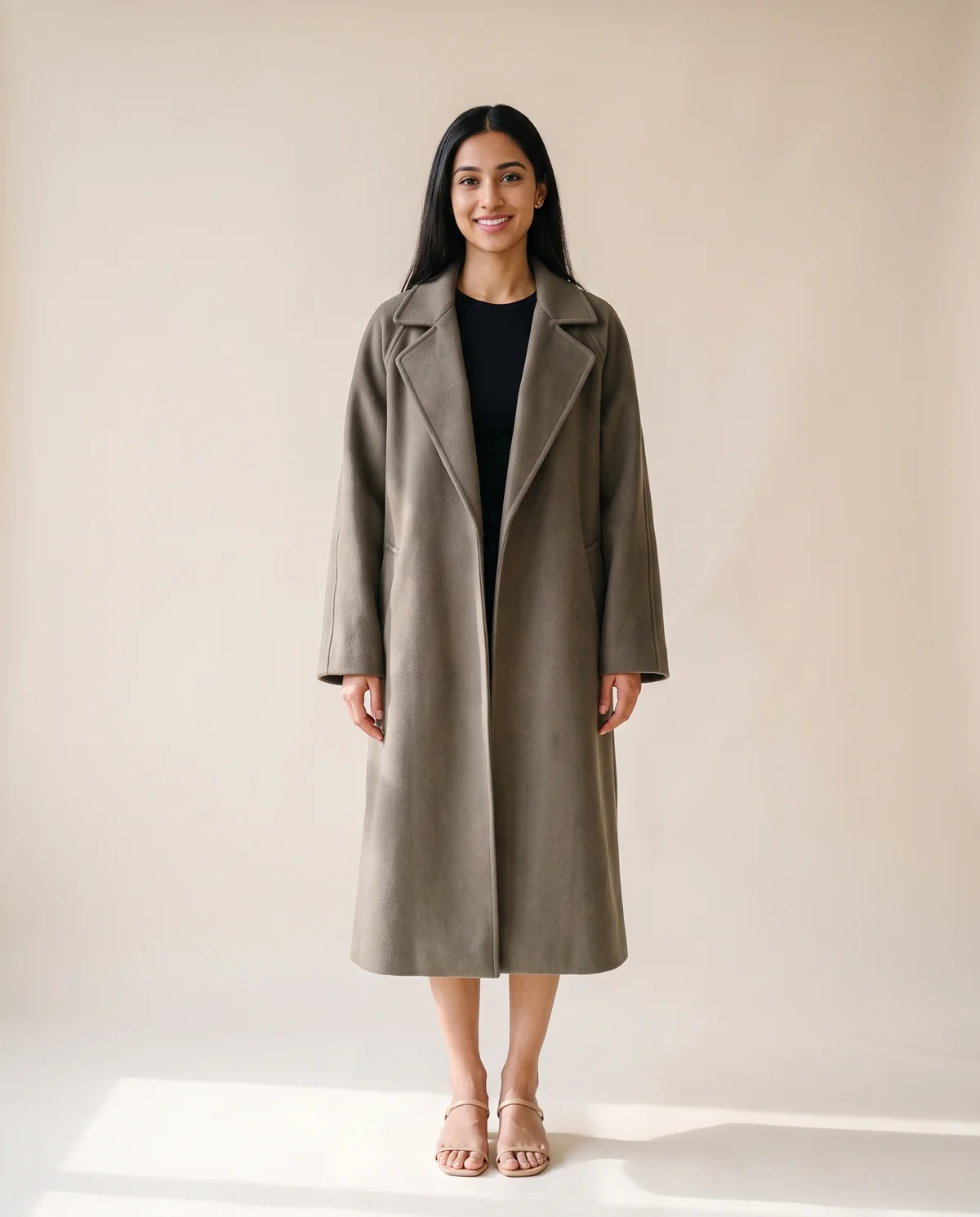 Oversized Olive-Grey Wool-Look Coat in Olive Grey, front view, worn by Priya