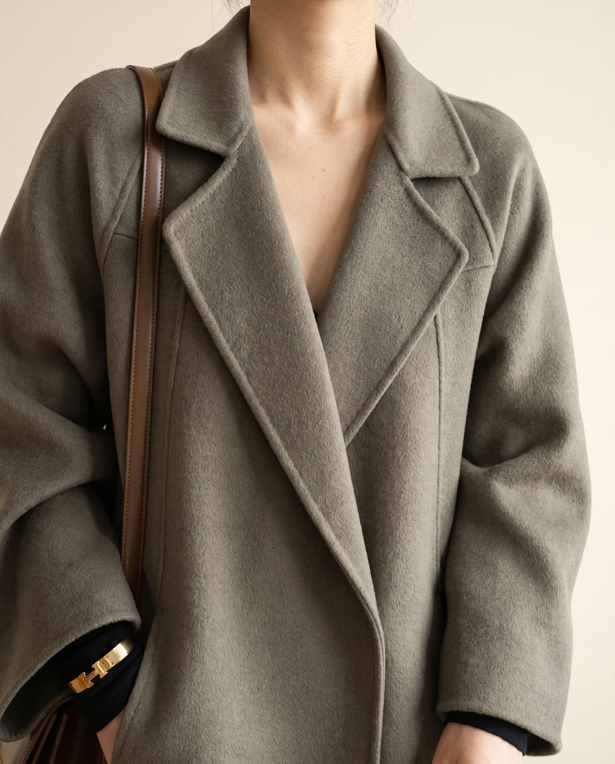 Oversized Olive-Grey Wool-Look Coat in Olive Grey, close-up of the detail