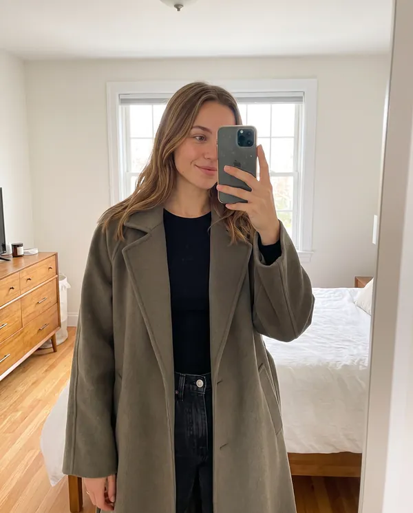Satin Eve styling: Oversized Olive-Grey Wool-Look Coat
