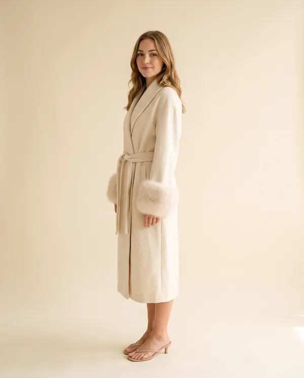 Cream Wrap Coat with Faux Fur Cuffs in Cream, side view, worn by Ava
