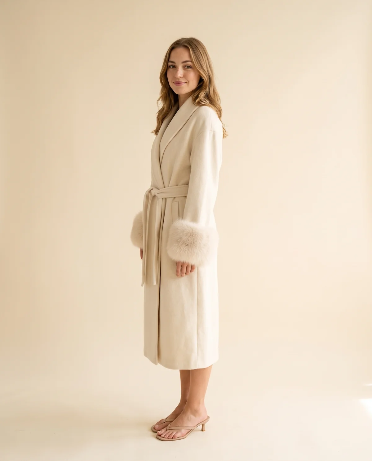 Cream Wrap Coat with Faux Fur Cuffs in Cream, side view, worn by Ava
