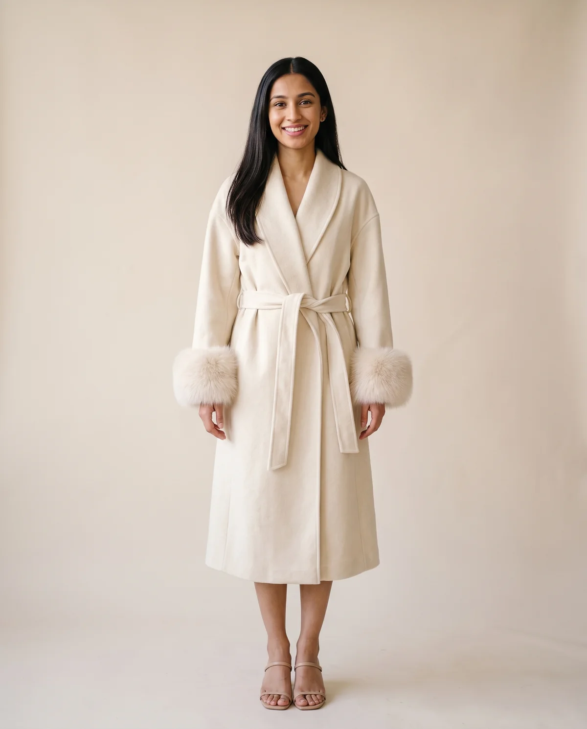 Cream Wrap Coat with Faux Fur Cuffs in Cream, front view, worn by Priya