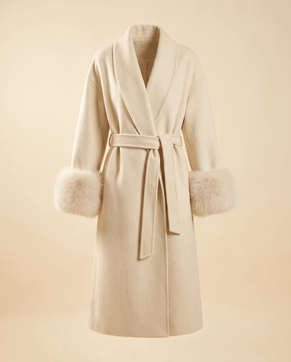 Cream Wrap Coat with Faux Fur Cuffs in Cream, product shot on a plain background