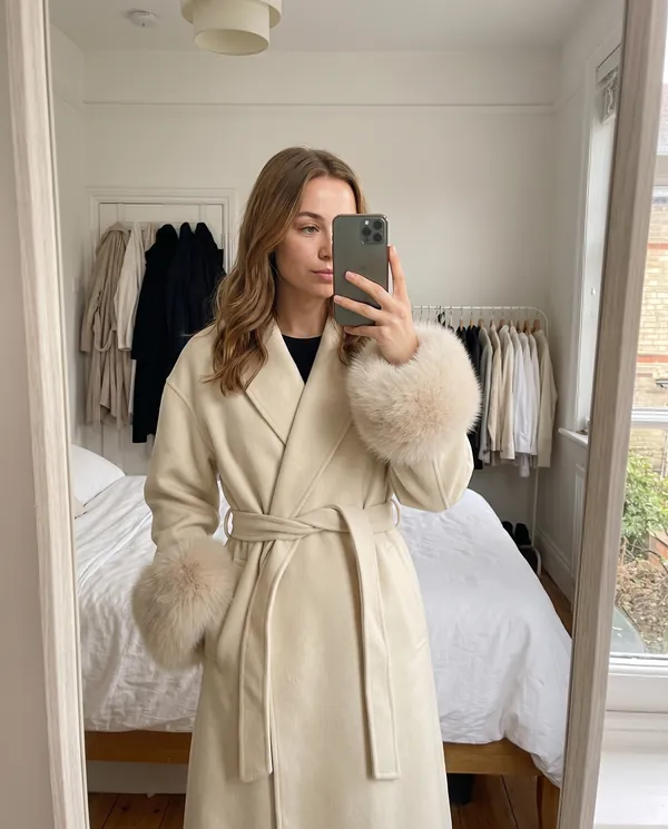 Satin Eve styling: Cream Wrap Coat with Faux Fur Cuffs