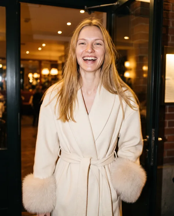 Satin Eve styling: Cream Wrap Coat with Faux Fur Cuffs