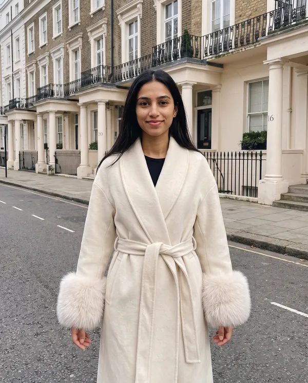 Satin Eve styling: Cream Wrap Coat with Faux Fur Cuffs
