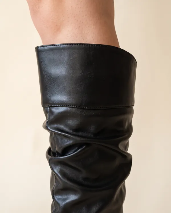 Ruched Slouch Knee-High Boot in Black, close-up of the detail