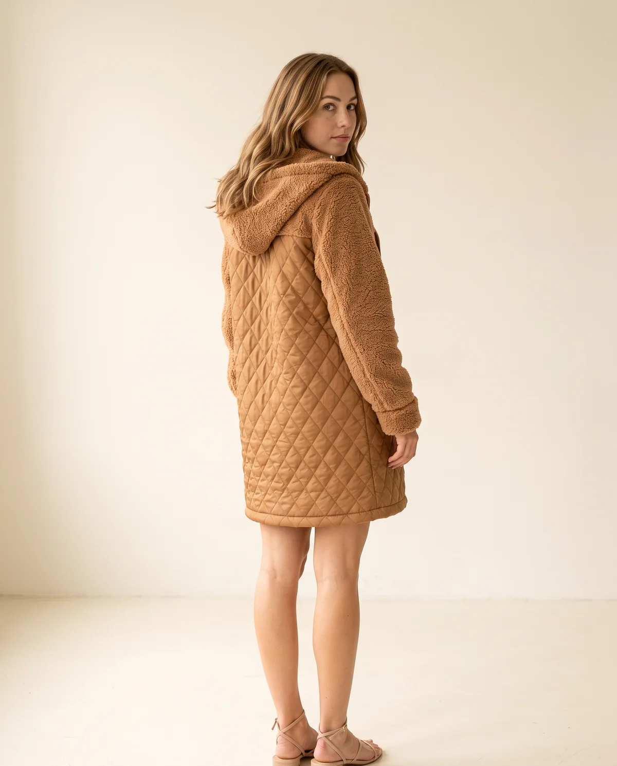 Quilted Teddy Hooded Coat in Caramel, back view, worn by Ava