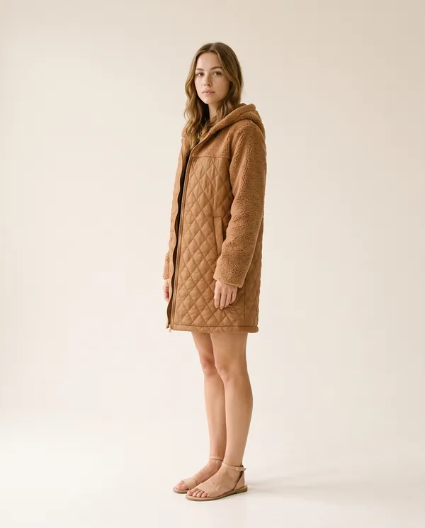 Quilted Teddy Hooded Coat in Caramel, side view, worn by Ava