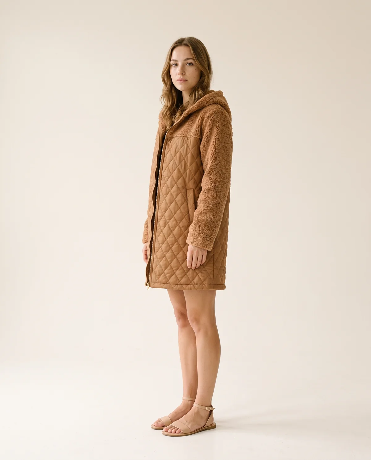 Quilted Teddy Hooded Coat in Caramel, side view, worn by Ava
